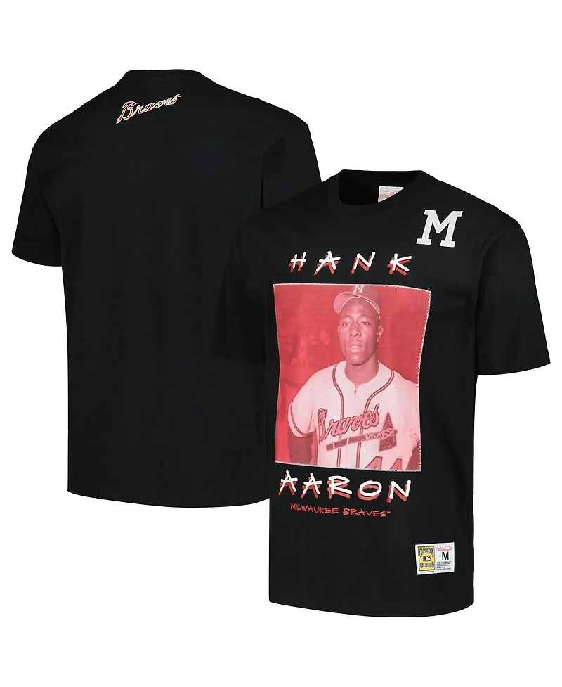 Mitchell & Ness Men's Hank Aaron Black Milwaukee Braves Cooperstown Collection Heavyweight Premium Player Vintage Logo T-Shirt