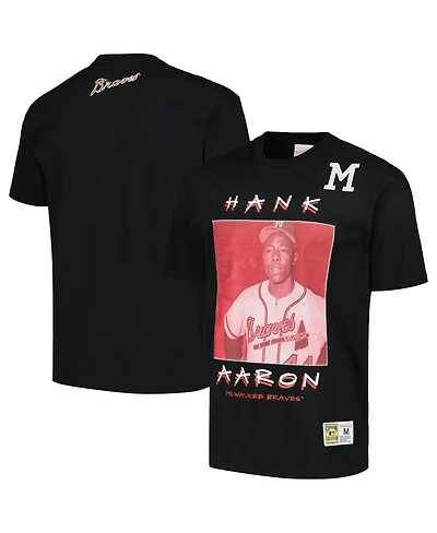 Mitchell & Ness Men's Hank Aaron Black Milwaukee Braves Cooperstown Collection Heavyweight Premium Player Vintage Logo T-Shirt
