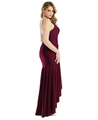Cynthia & Sahar Women's Pleated Wrap Ruffled High Low Stretch Satin Gown with Slight Train