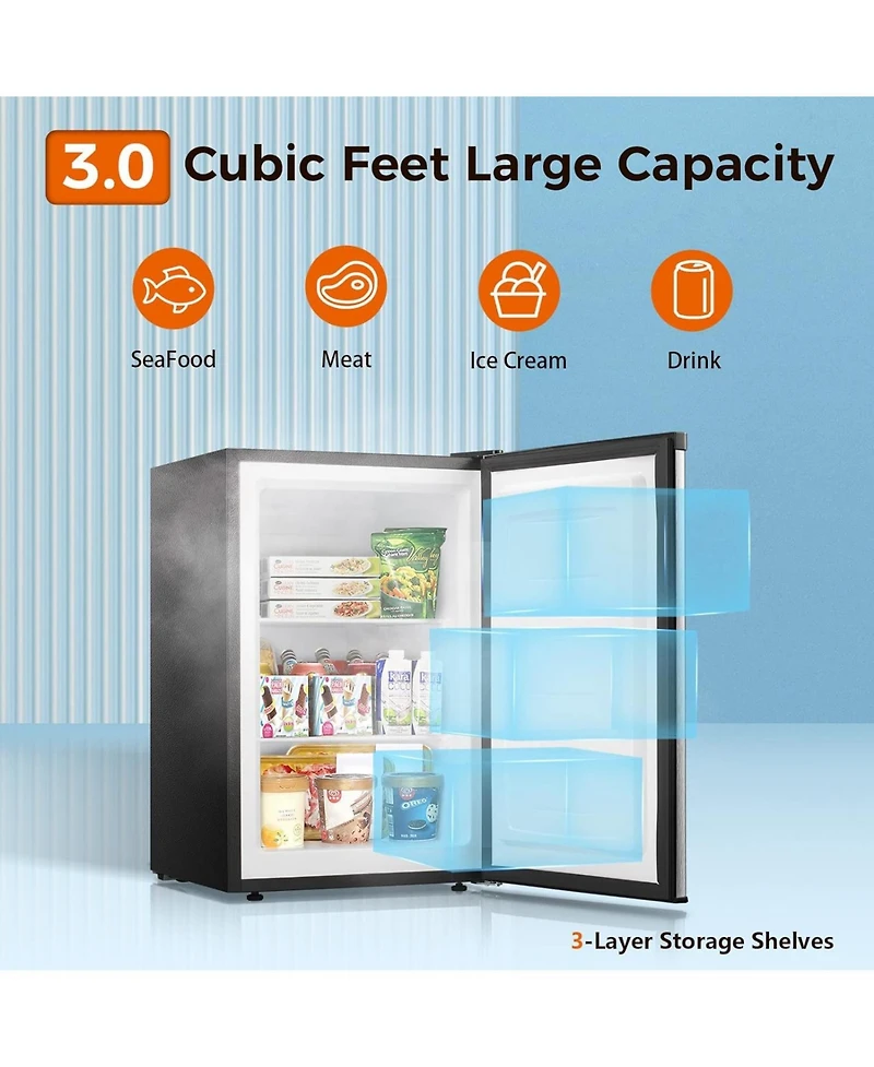 Zafro 3.0 Cu.ft upright mini freezer with adjustable thermostat, removable shelves, and reversible door. Ideal for bedrooms, homes, dorms, or apartmen