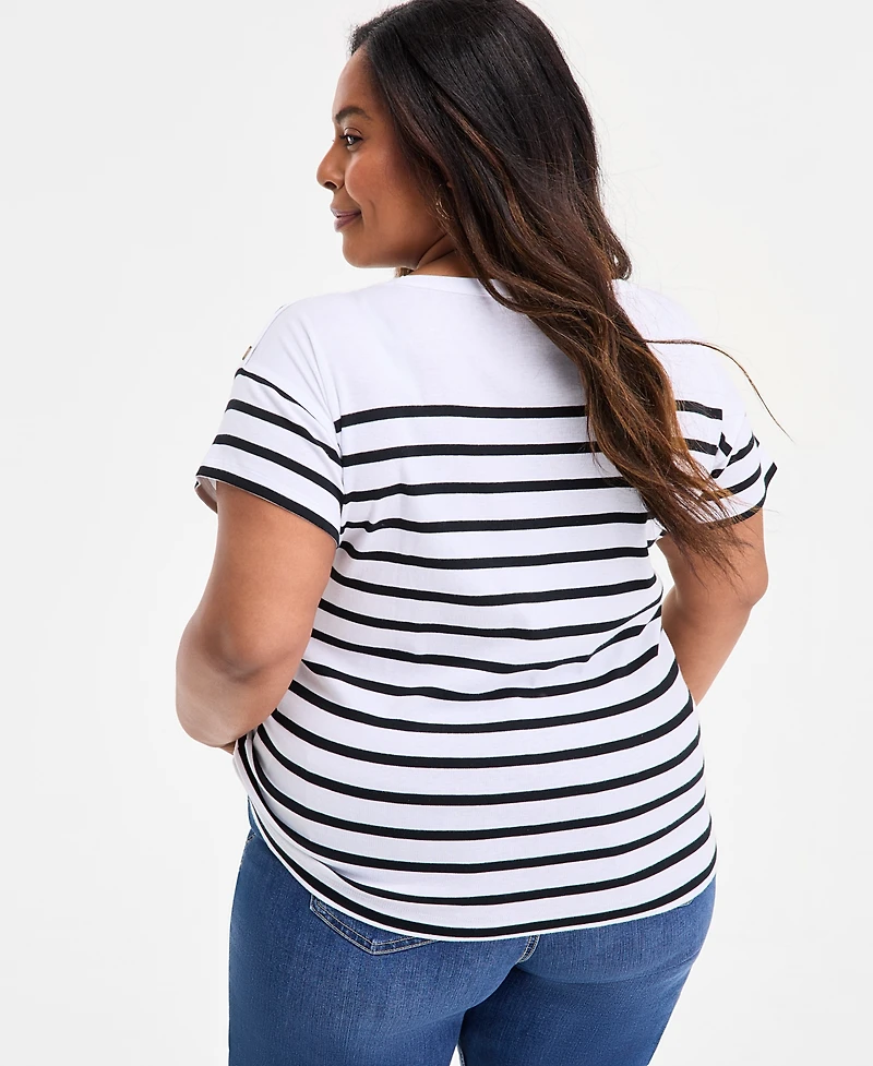Style & Co Plus Stripe Button-Trim T-Shirt, Exclusively at Macy's