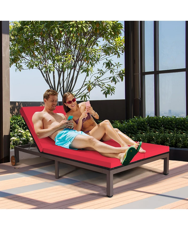 2-Person Patio Rattan Lounge Chair Chaise Recliner Adjustable Cushion
