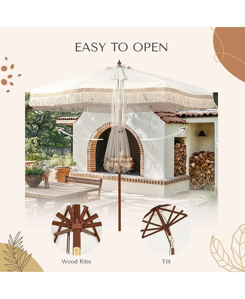 LAGarden Boho 9' Fringe Patio Umbrella with Tassels UPF50+ Boho Style 5-Year-Non-Fading for Outdoor Yard Market Ivony Xchevron