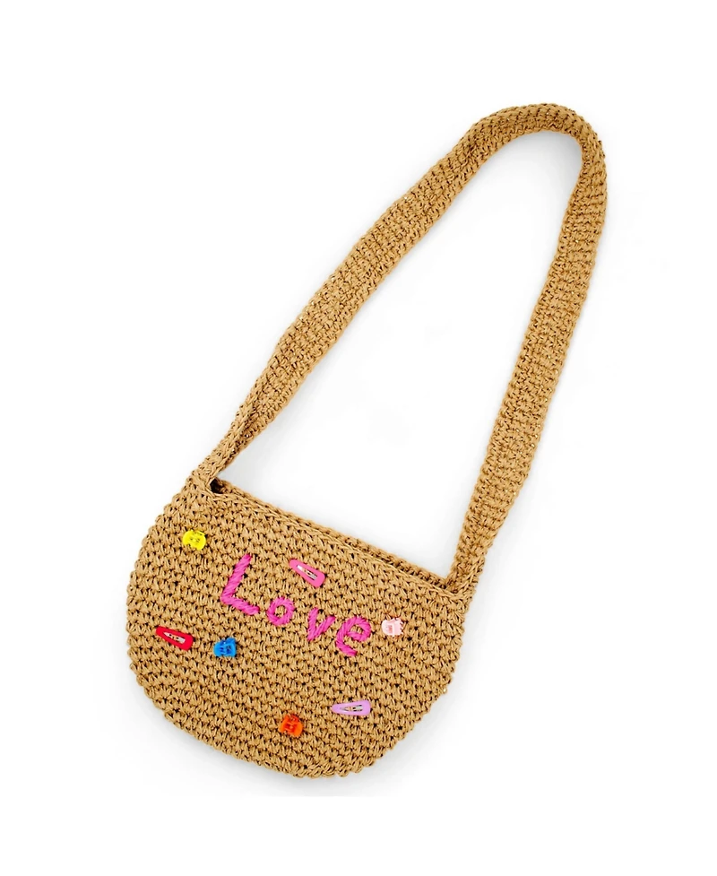 Tiny Treats + Zomi Gems Girls Wicker Crossbody Message Charm Tote, Hot Pink "Love"