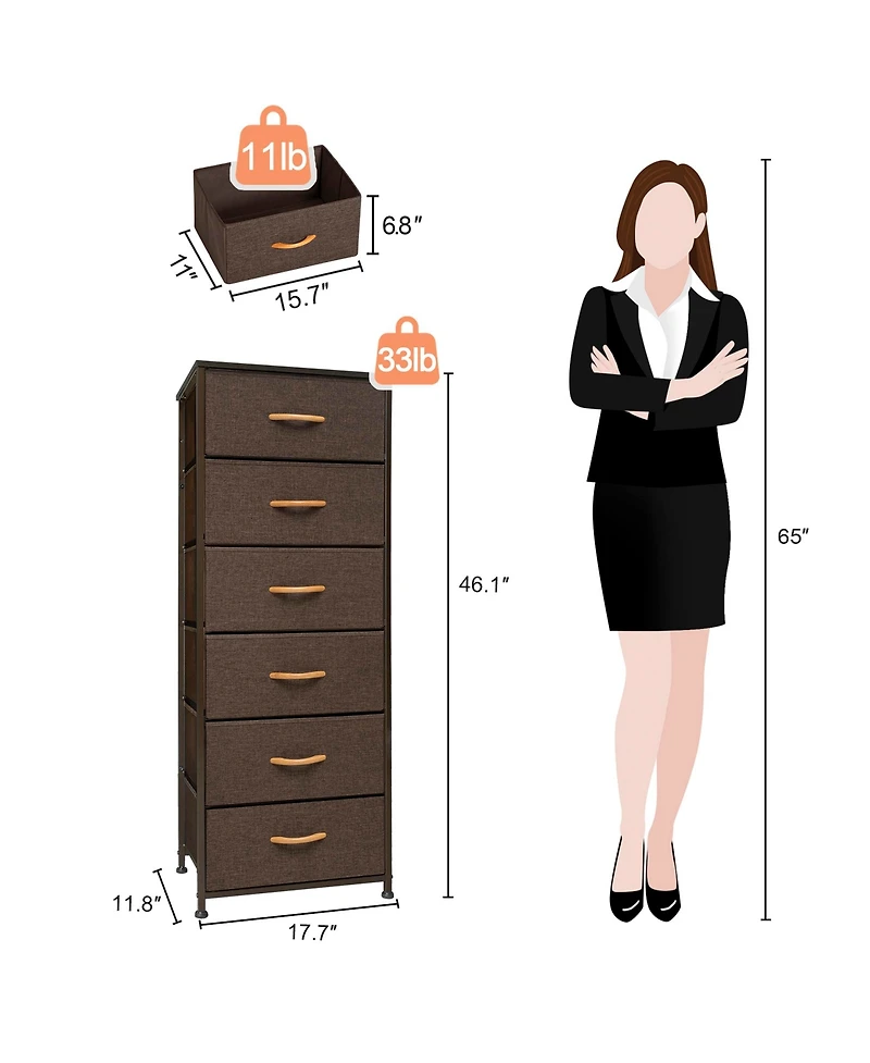 Steel and Fabric Six-Drawer Chest for Bedroom Closet and Home Storage