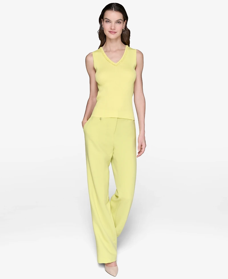 Karl Lagerfeld Paris Women's Embellished V-Neck Ribbed Knit Sleeveless Top