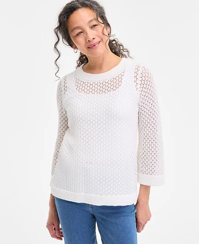 Style & Co Women's Cotton Open-Knit 3/4-Sleeve Sweater, Exclusively at Macy's