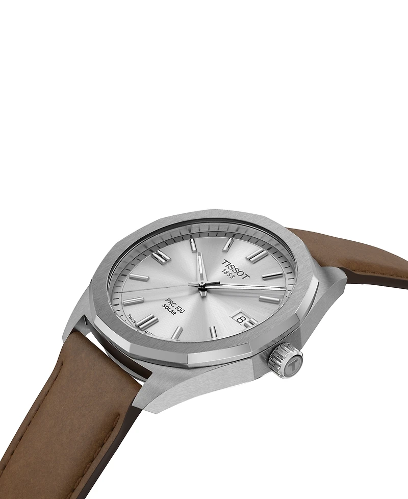Tissot Men's Swiss Prc 100 Solar Quartz Brown Leather Strap Watch 39mm
