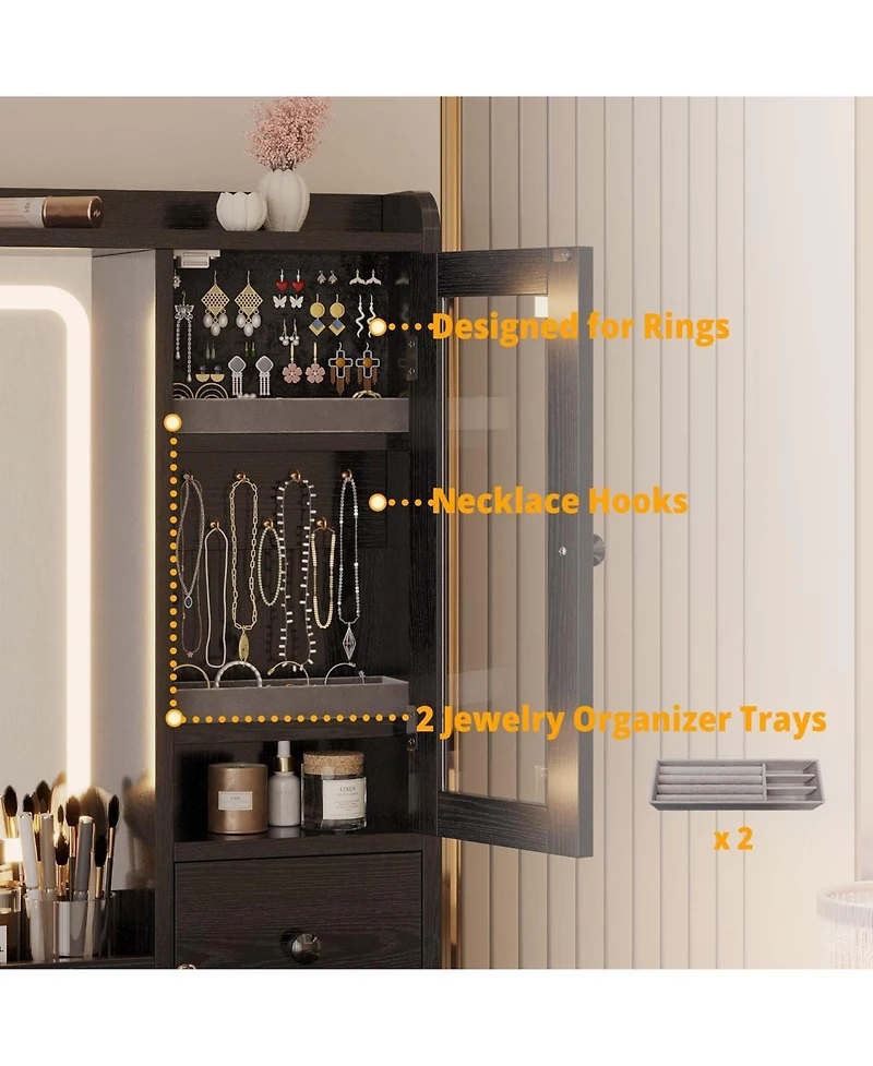 Vanity Desk with Led Lights Mirror and Charging Station, Makeup Vanity ...