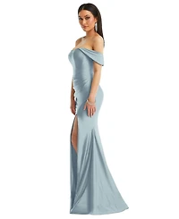 Cynthia & Sahar Women's Off-the-Shoulder Corset Stretch Satin Mermaid Dress with Slight Train