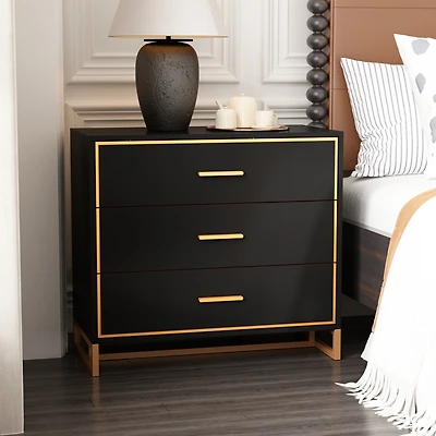 Bedside table with 3 drawers, side table with gold metal handles and feet, end table in black wood, suitable for bedrooms, living rooms, offices