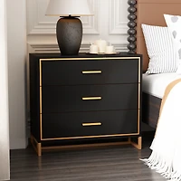 Bedside table with 3 drawers, side table with gold metal handles and feet, end table in black wood, suitable for bedrooms, living rooms, offices