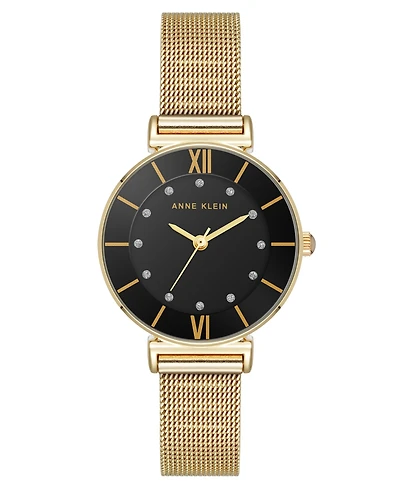Anne Klein Women's Premium Round Gold-Tone Stainless Steel Mesh and Black Dial Watch, 29mm