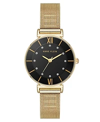 Anne Klein Women's Premium Round Gold-Tone Stainless Steel Mesh and Black Dial Watch, 29mm
