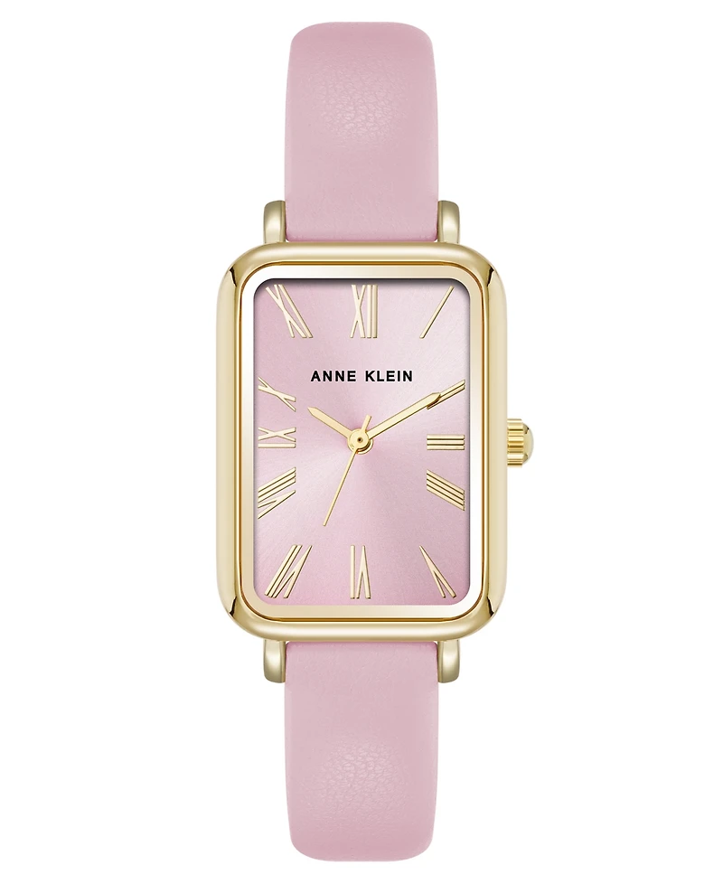 Anne Klein Women's Quartz Rectangular Pink Polyurethane Leather and Gold-Tone Metal Alloy Watch, 23mm