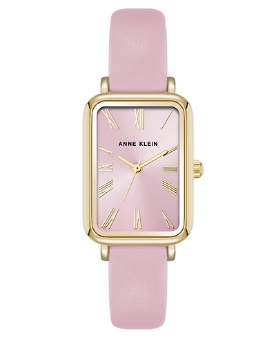 Anne Klein Women's Quartz Rectangular Pink Polyurethane Leather and Gold-Tone Metal Alloy Watch, 23mm