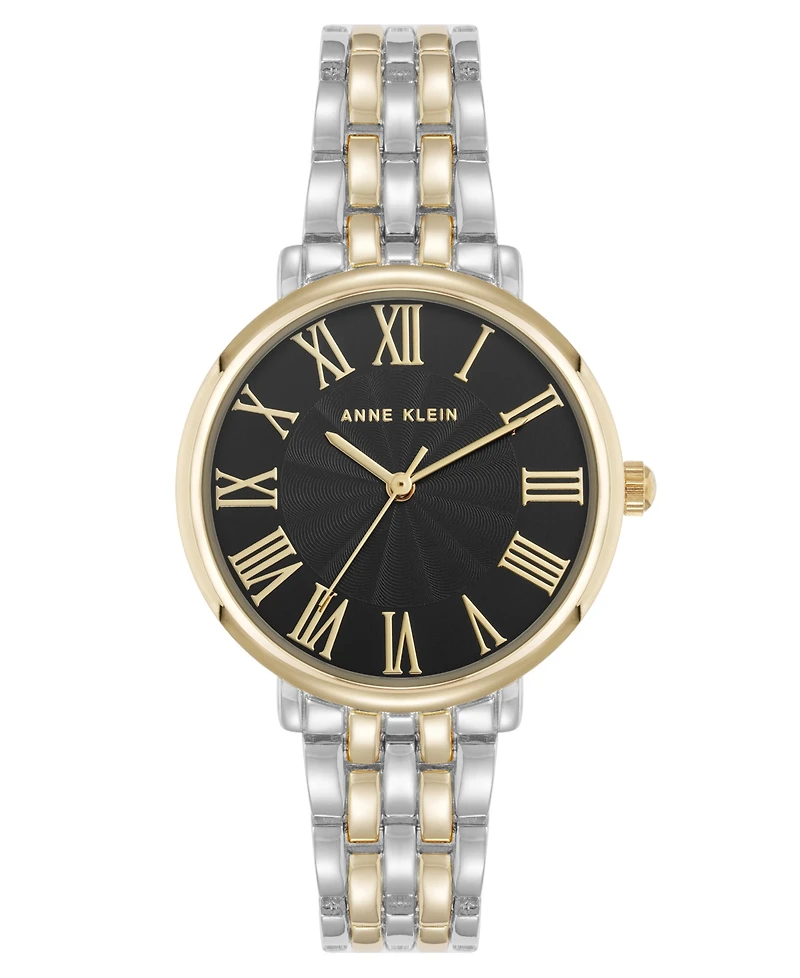 Anne Klein Women's Quartz Round Roman Numeral Two-Tone Metal Alloy and Black Dial Watch, 32mm