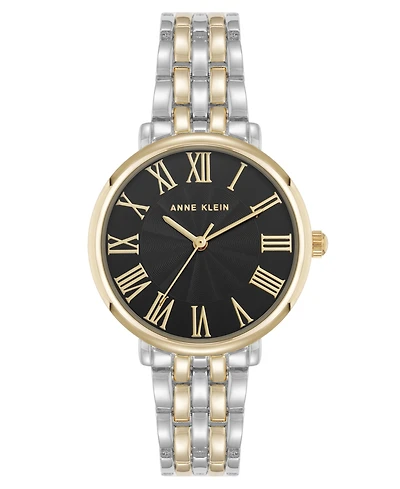 Anne Klein Women's Quartz Round Roman Numeral Two-Tone Metal Alloy and Black Dial Watch, 32mm