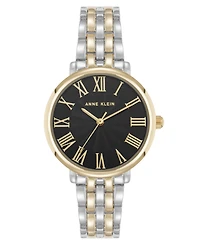 Anne Klein Women's Quartz Round Roman Numeral Two-Tone Metal Alloy and Black Dial Watch, 32mm