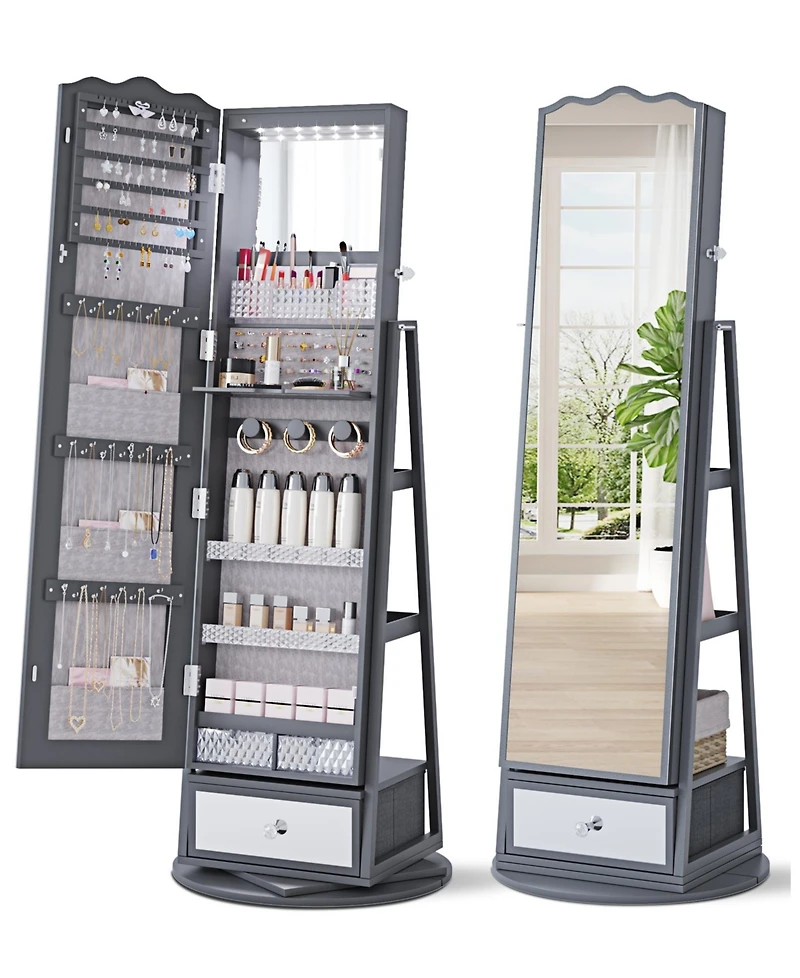 Vlsrka 60° Rotating Full-Length Mirror Jewelry Cabinet with Lights
