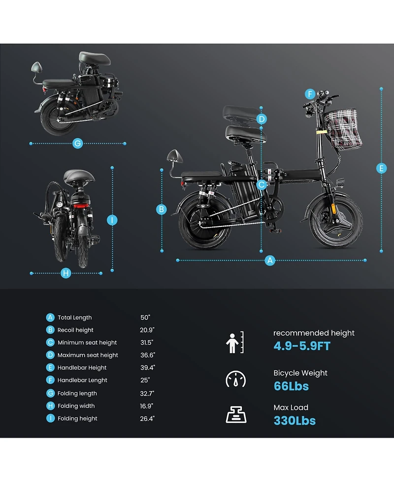 Ltmate Global Inc. Foldable Electric Bicycle, 500W Peak Motor 45 Miles 80KM Max Range, Upgraded E-bike with Front Basket