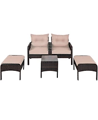 5 Pcs Patio Rattan Wicker Furniture Set Sofa Ottoman Coffee Table Cushioned Yard