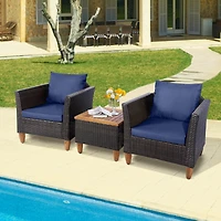 3PCS Patio Rattan Bistro Furniture Set Wood Table Top Cushion Sofa