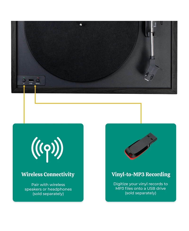 Electrohome Montrose Wireless Vinyl Record Player 2-Speed Belt-Drive Turntable, with Audio-Technica Stylus, Bluetooth, Vinyl-to-MP3 Recording, Speed C