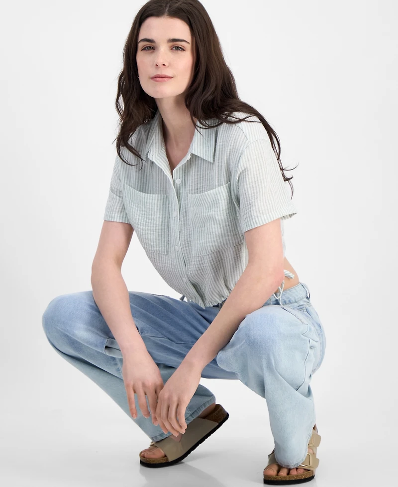 Ultra Flirt Juniors' Cropped Stripe Side-Tie Blouse