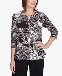 Alfred Dunner Women's Natural Instinct Monotone Patch Beaded Split Neck Top