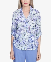 Alfred Dunner Women's Santa Fe Abstract Butterfly Button Front Top