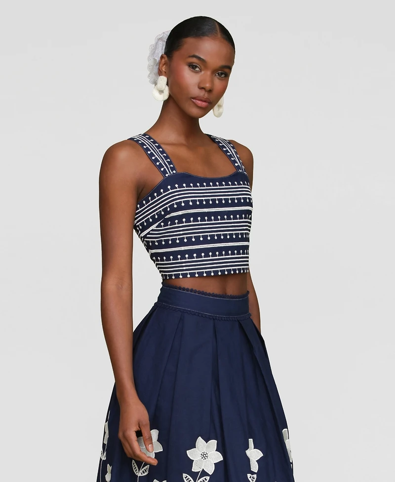 Avec Les Filles Women's Cotton Embroidered Square-Neck Tank Top