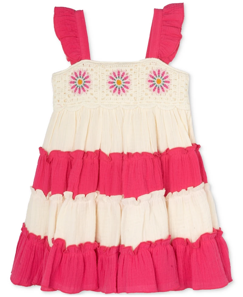 Rare Editions Baby Girls Flower Crochet Cotton Tiered Dress