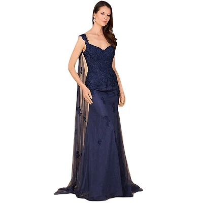 Lara Women's Embroidered Lace Gown with Flowing Capes