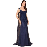Lara Women's Embroidered Lace Gown with Flowing Capes