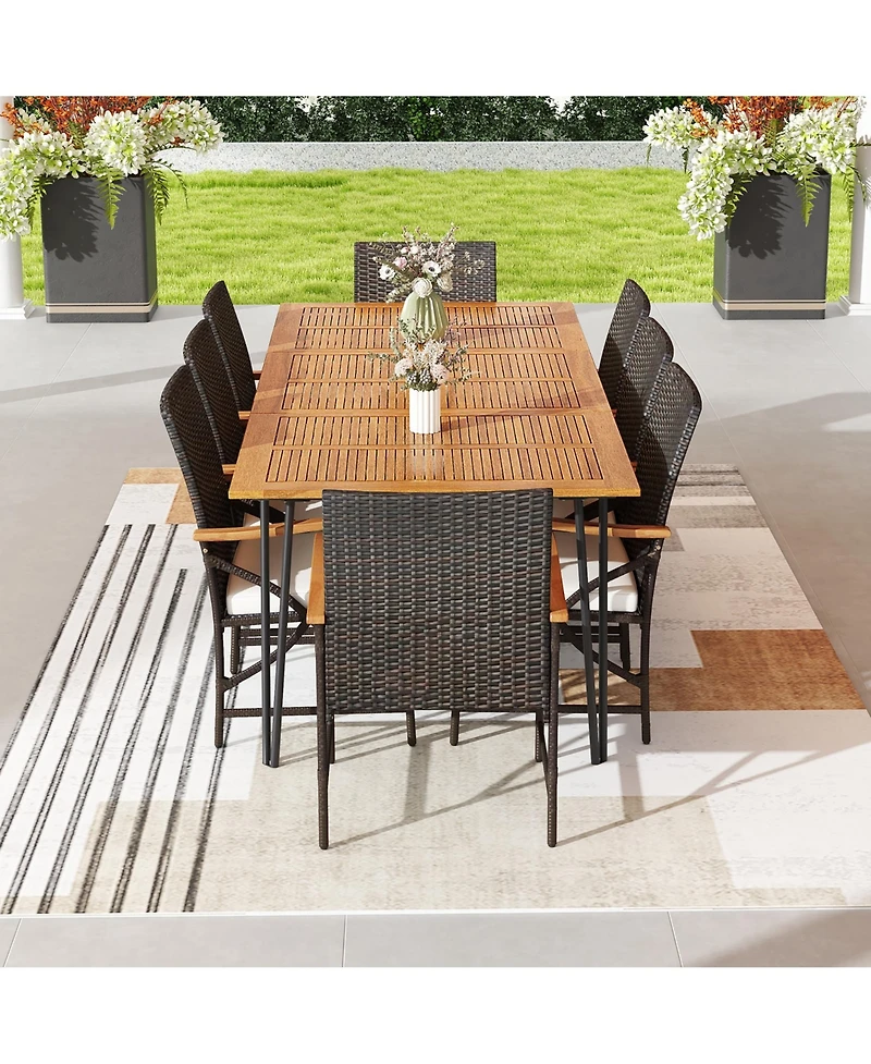 Gymax 9 Pcs Outdoor Patio Dining Set Armchairs Set of 8 & Acacia Wood Square Table