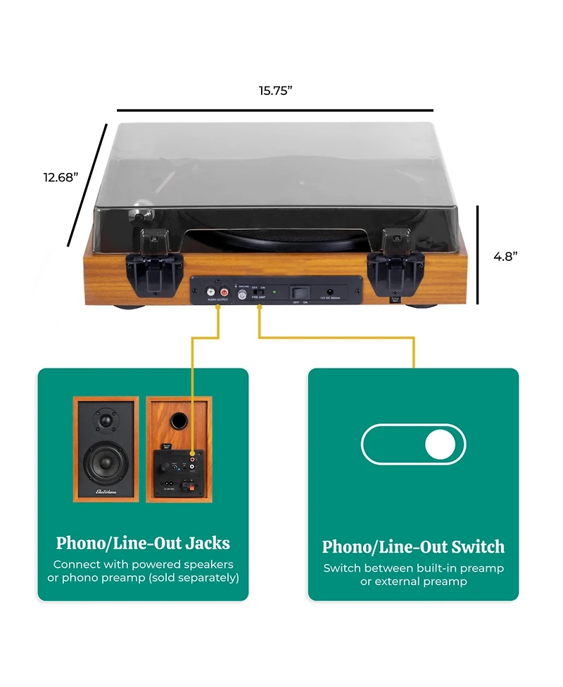 Electrohome Montrose Vinyl Record Player 2-Speed Belt-Drive Turntable, with Audio-Technica Stylus, Speed Control Motor, Built-in Preamp, Wood Plinth,