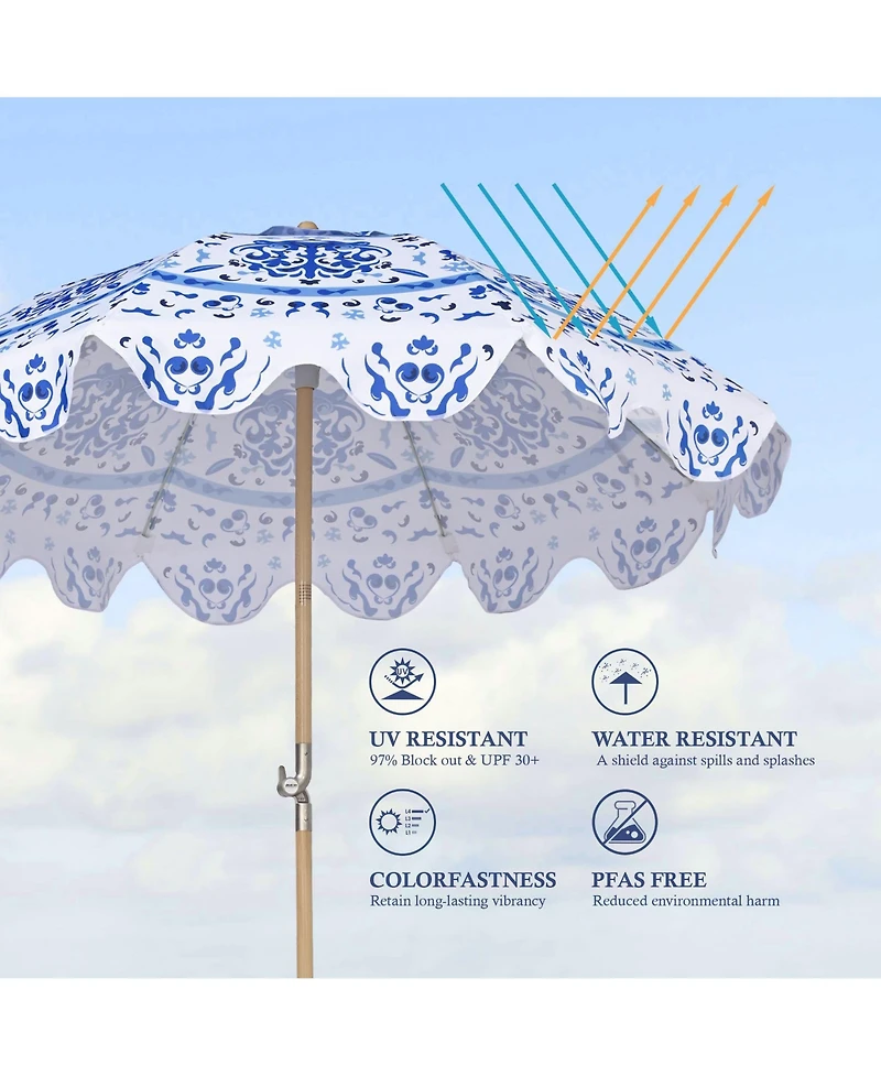 LAGarden Our Beach Portable Umbrella for Sand Beech Wood Pole Carry Bag with Printed Porcelain Love Cute Garden Parasol