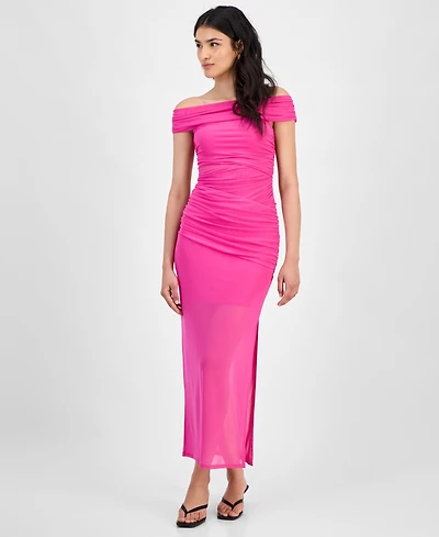 Bar Iii Women's Off-The-Shoulder Ruched Mesh Dress, Exclusively at Macy's