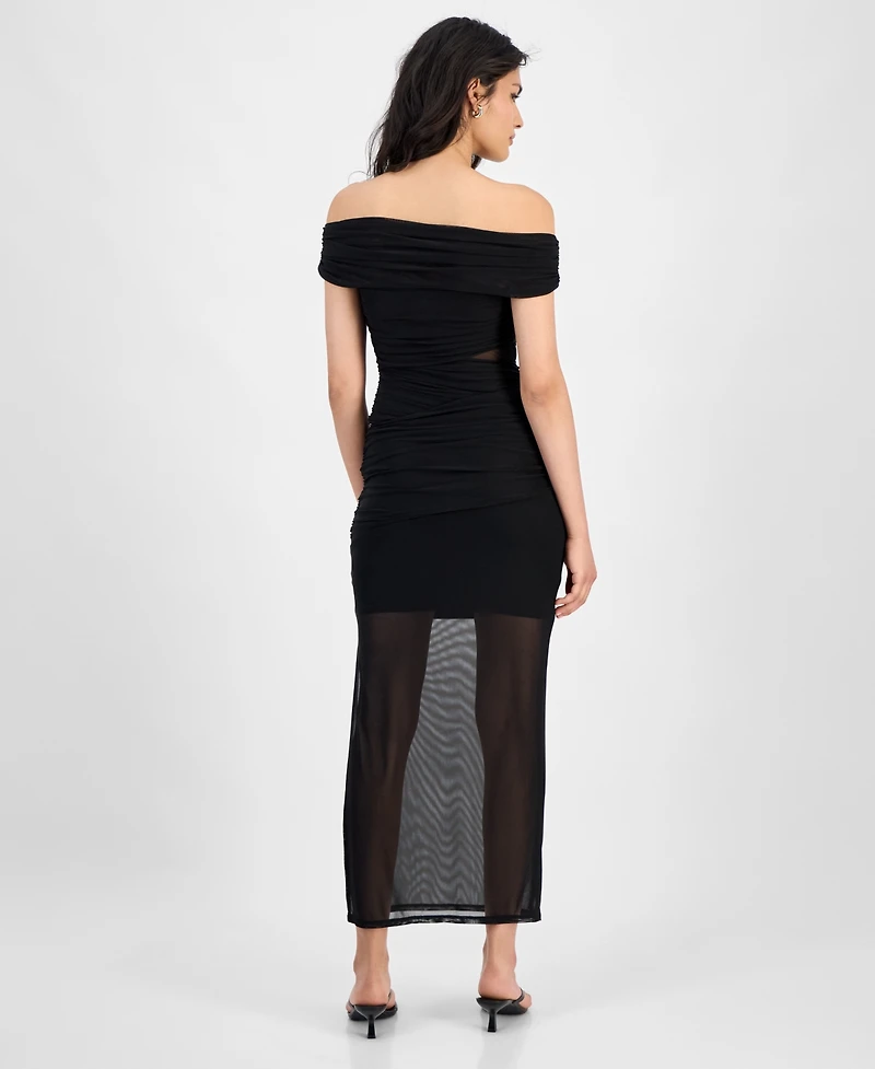 Bar Iii Women's Off-The-Shoulder Ruched Mesh Dress, Exclusively at Macy's