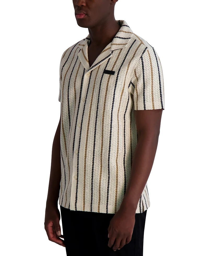 Karl Lagerfeld Paris Men's Short Sleeve Textured Striped Button-Front Camp Shirt