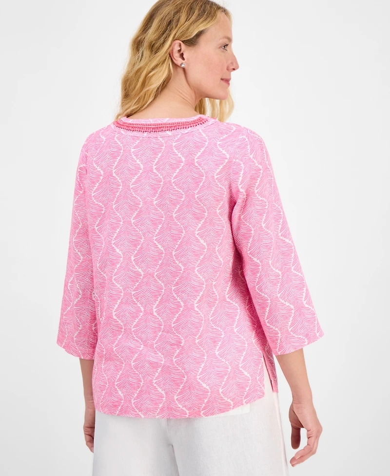 Charter Club Women's Printed 100% Linen Embellished Top, Exclusively at Macy's