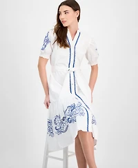 T Tahari Women's Cotton Embroidered Fit & Flare Dress