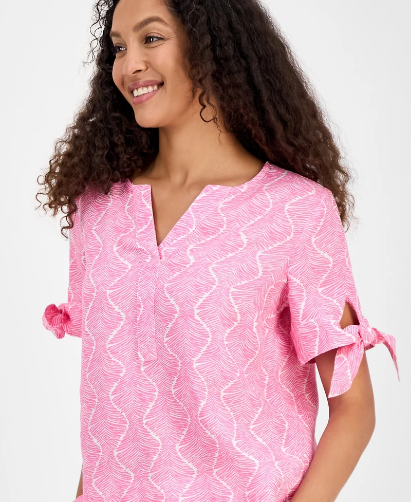 Charter Club Women's 100% Linen Printed Tie-Cuff Blouse, Exclusively at Macy's