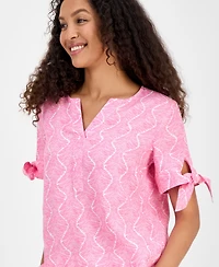 Charter Club Women's 100% Linen Printed Tie-Cuff Blouse, Exclusively at Macy's