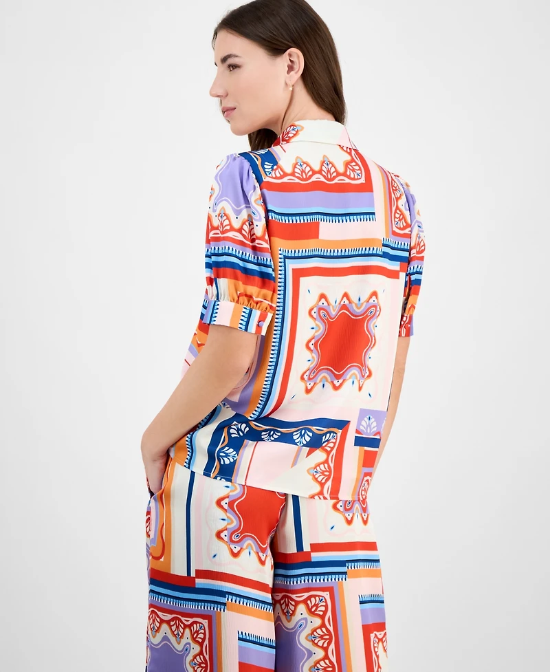 T Tahari Women's Printed Short-Sleeve Button Blouse