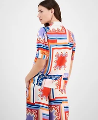 T Tahari Women's Printed Short-Sleeve Button Blouse