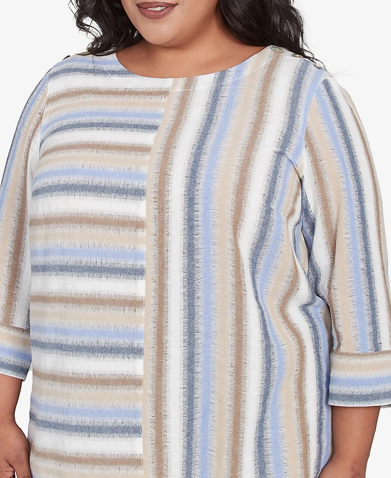 Alfred Dunner Plus Summer Solstice Spliced Stripe Button Shoulder Crew Neck Top