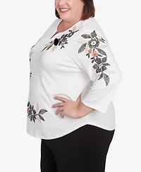 Alfred Dunner Plus Natural Instinct Earthy Floral Embroidered Textured Top