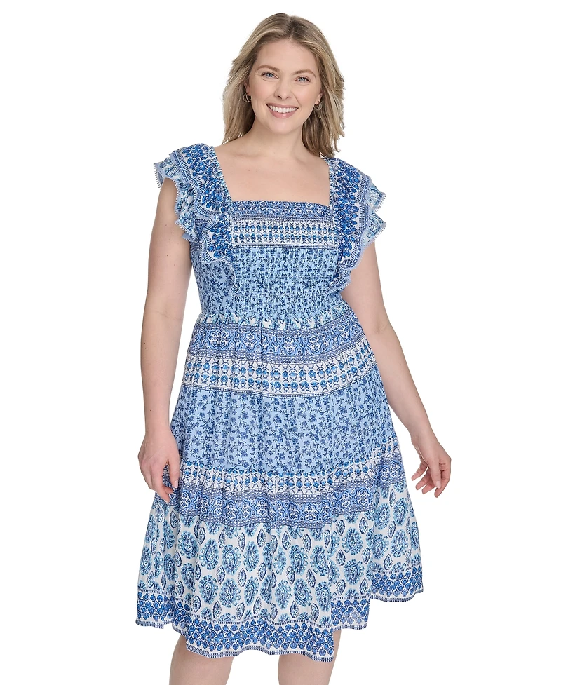 Eliza J Plus Printed Square-Neck Cap-Sleeve Dress